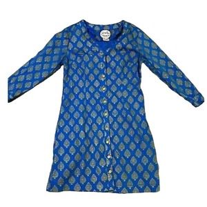 Almatrichi Madrid Spain Blue & Gold ShirtDress Button Front Size 36 (US 6) NWOT